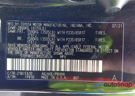 2021 Toyota Sienna Xle из США, поврежденный, VIN 5TDYRKEC3MS058534